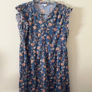 Wonderly XL Dress Boho Short Sleeved Blue Indian Print Floral Rust Cream Ruffles